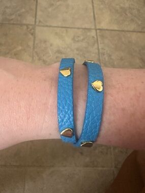 Kate Spade Blue Double Wrap Leather Bracelet with Gold Heart Studs